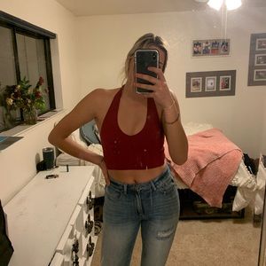 Dark red, over the shoulder top